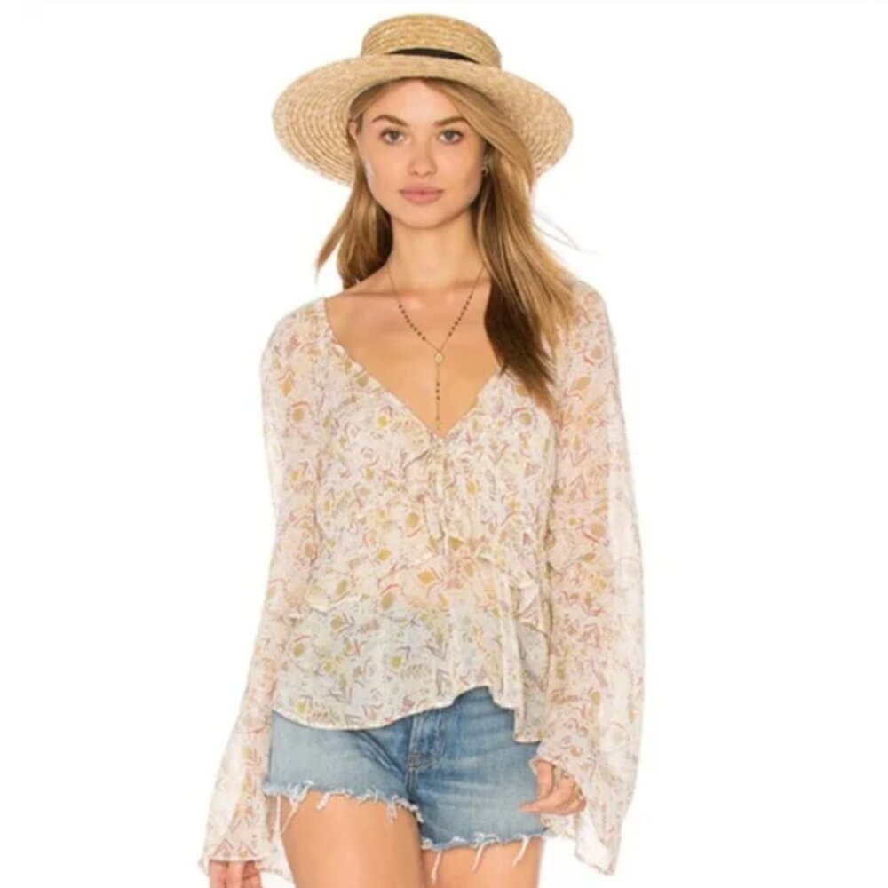 Free People Uptown Bell Sleeve Blouse Ivory Floral Boho Top Size S